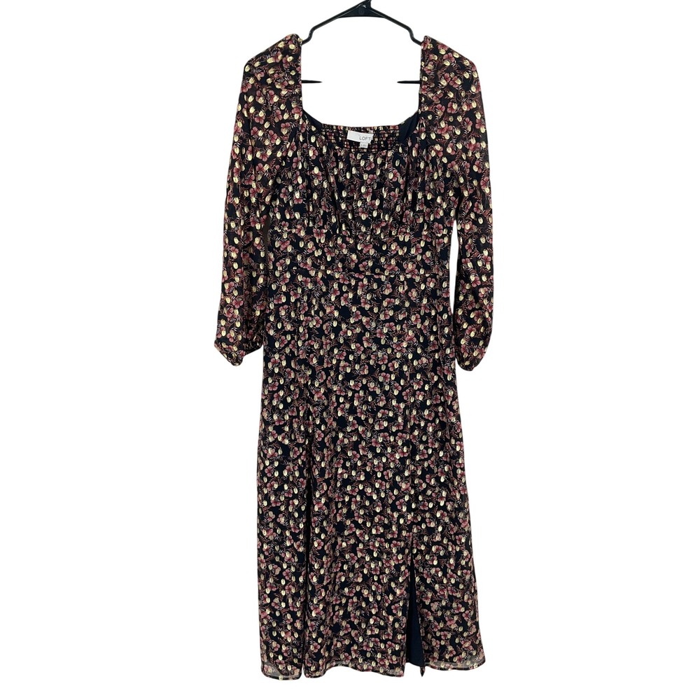 LOFT Floral Midi Dress 6 Black Gold‎ Metallic Puff Sleeve Cottagecore Milkmaid
